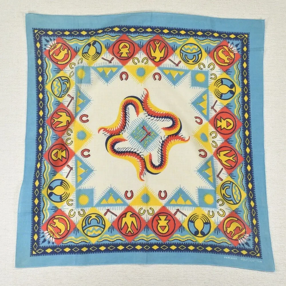 Vintage 80s Bandana Southwestern Tribal Native Print Light Blue 20.5x21 Cotton